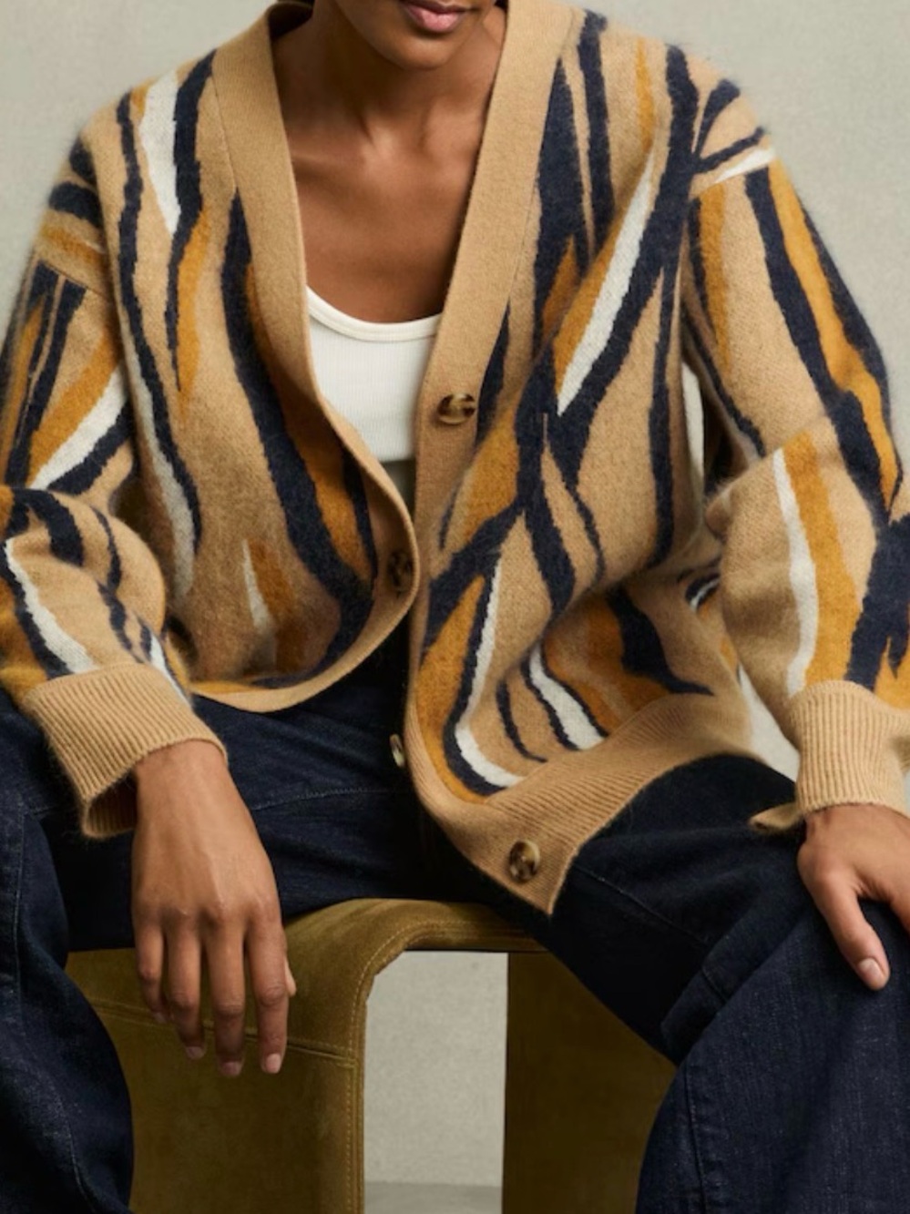 REISS
Serafina Wool Cashmere Intarsia Stripe Cardigan in Camel - Picture 2 of 14